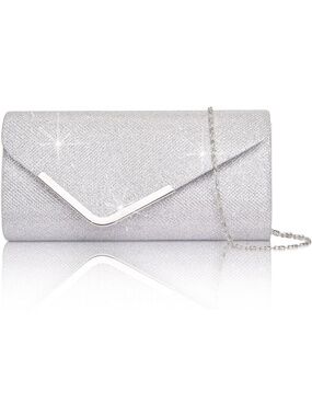 〽️ Women's Silver Shiny Sequin Envelope Clutch Purse Chain Evening Bags